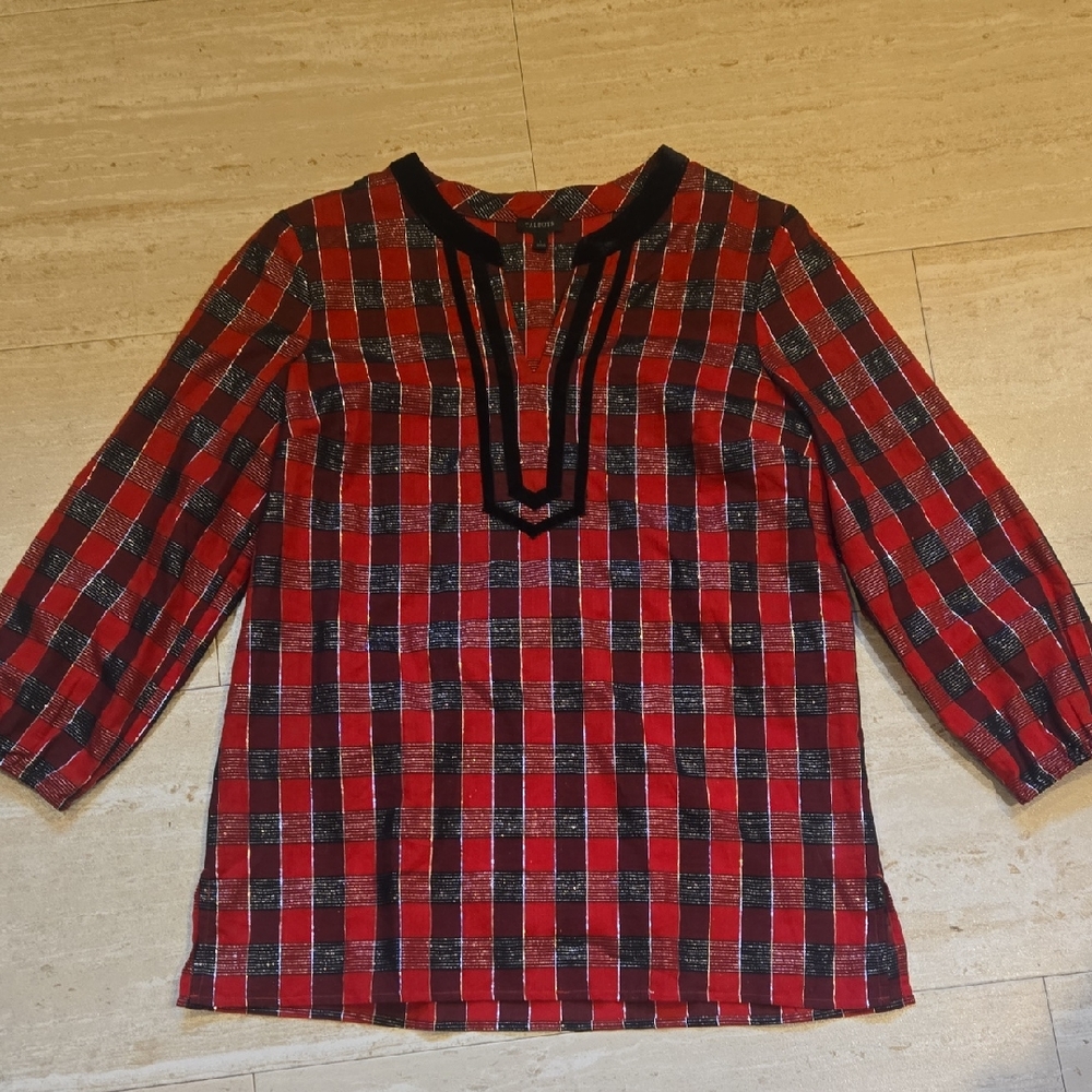 Talbot's Red/Black Checked Metallic Silver Accent Tunic Blouse